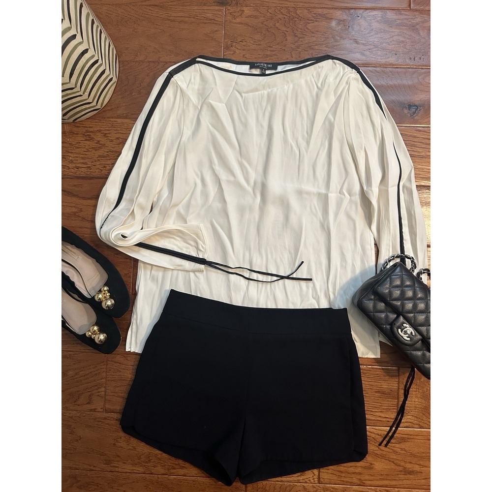 Lafayette 148 New York 100% Silk Blouse Boat Neck S Ivory Black Trim Tie Sleeve